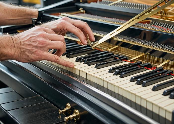 Piano technician carefully inspecting piano action